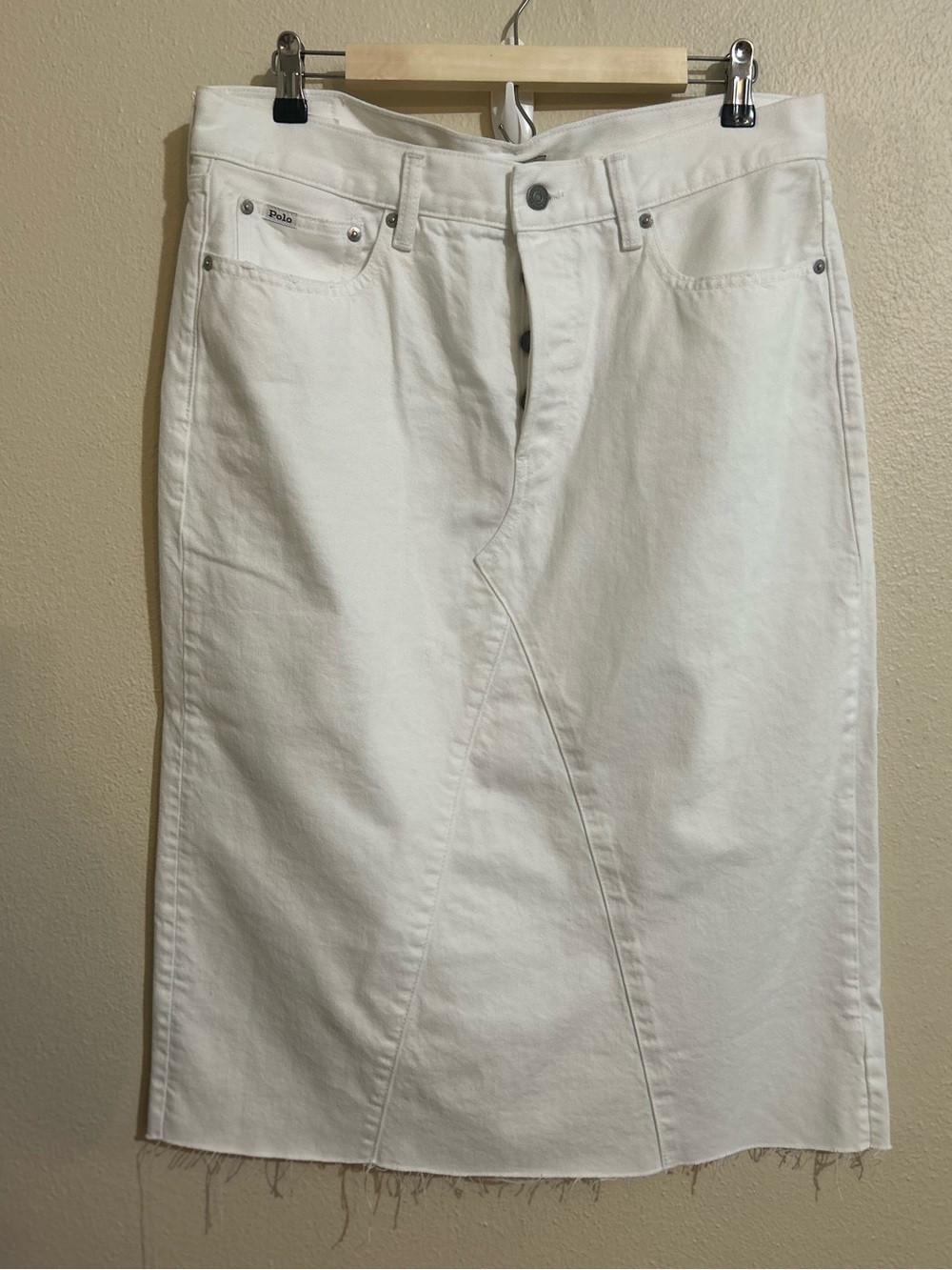 Polo Ralph Lauren button fly rigid hem White Denim Midi Skirt Size 30 Minimalist